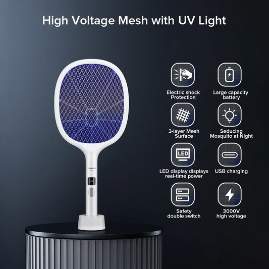 Powerful Bug Zapper Indoor & Outdoor – 10-LED Mosquito & Gnat Killer with Large Mesh, Rechargeable, LED Display & Safe Fly Swatter for Home Use