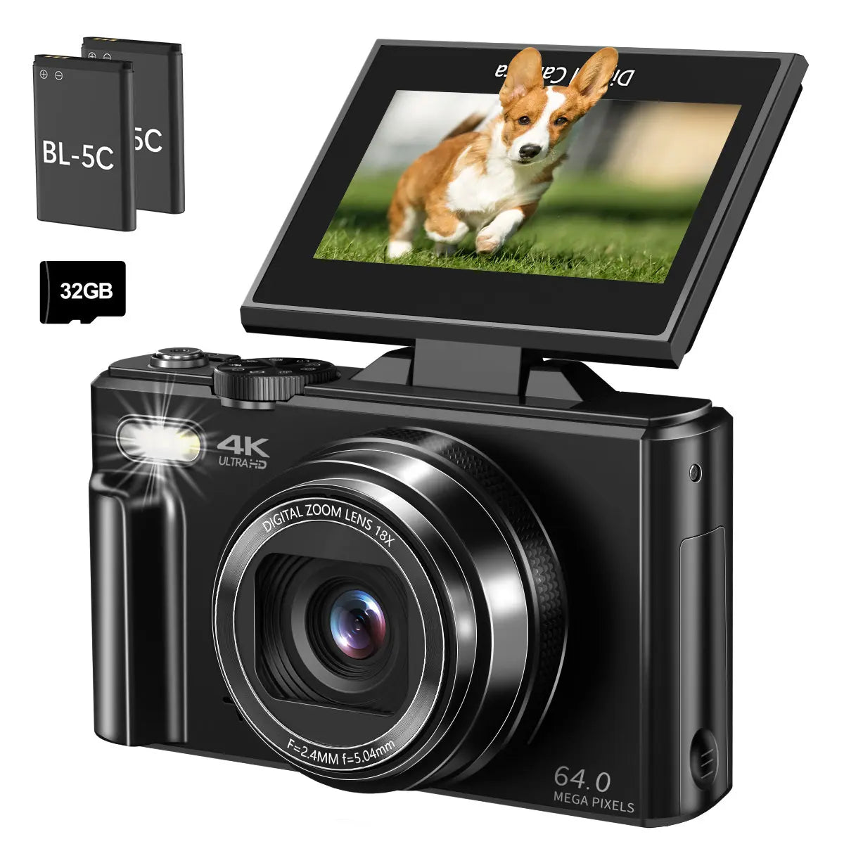 4K Digital Camera, 64MP with 3" 180° Flip Screen, 18X Zoom, 32GB SD Card & 2 Batteries – Perfect Gift