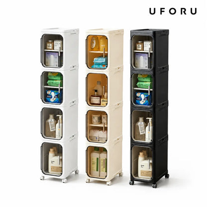 4-Layer Tall Narrow Storage Cabinet – Slim Design with Doors, Adjustable Shelves, Wheels & Stackable Foldable Build, Perfect for Bathroom, Laundry & Small Spaces