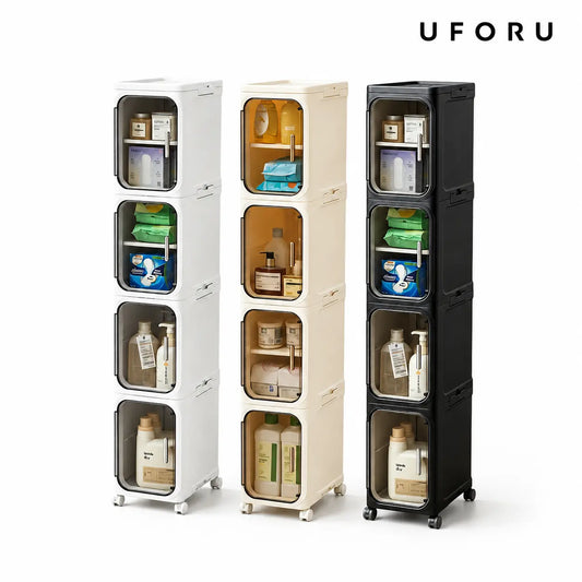 4-Layer Tall Narrow Storage Cabinet – Slim Design with Doors, Adjustable Shelves, Wheels & Stackable Foldable Build, Perfect for Bathroom, Laundry & Small Spaces