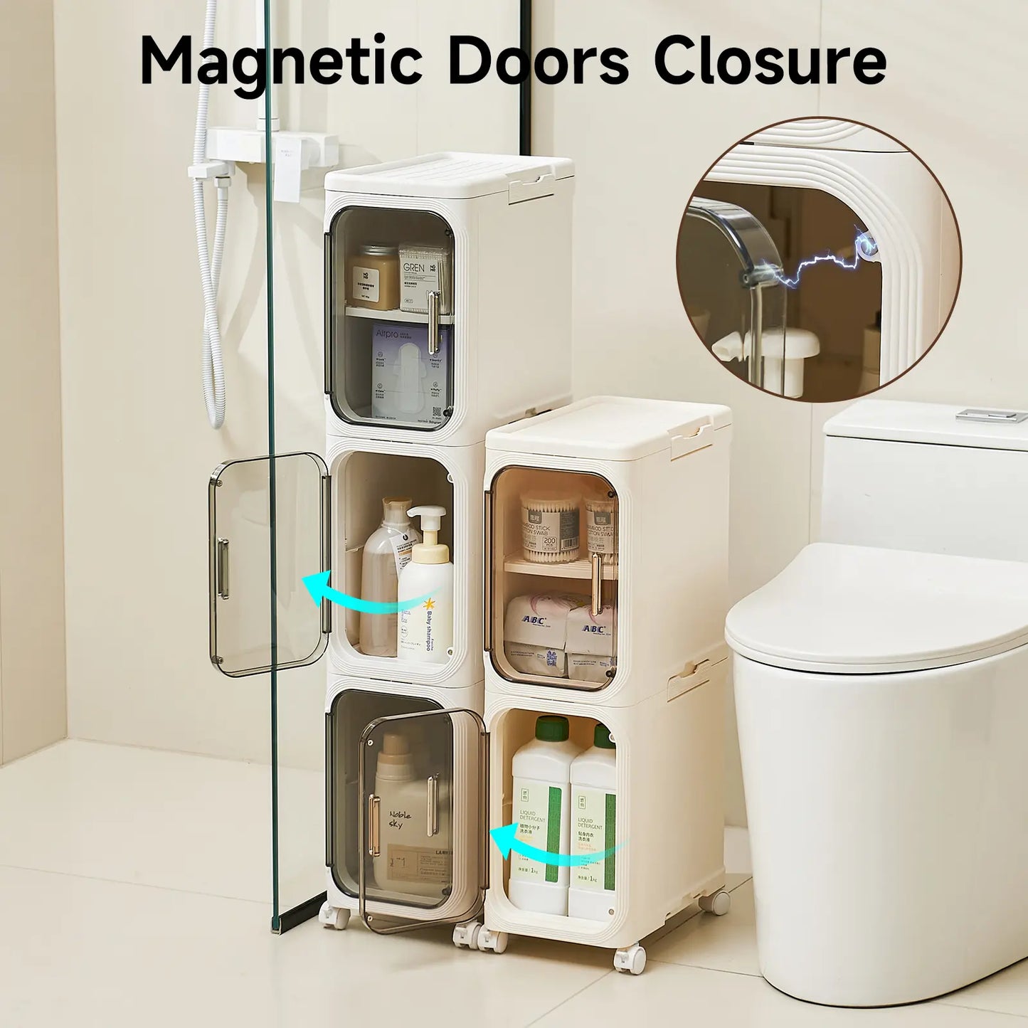 4-Layer Tall Narrow Storage Cabinet – Slim Design with Doors, Adjustable Shelves, Wheels & Stackable Foldable Build, Perfect for Bathroom, Laundry & Small Spaces