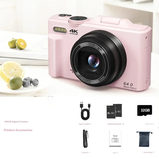 4K Digital Camera, 64MP with 3" 180° Flip Screen, 18X Zoom, 32GB SD Card & 2 Batteries – Perfect Gift