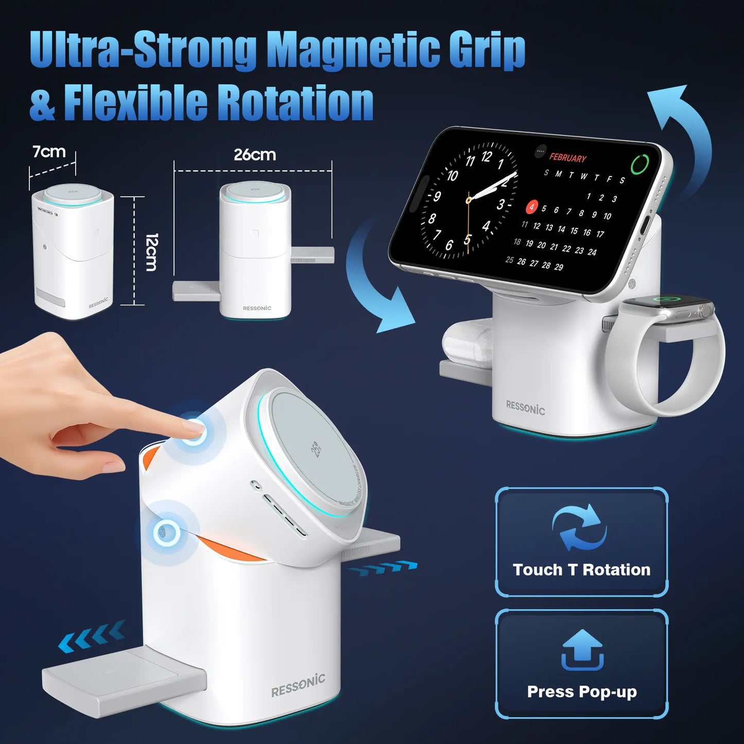 3-in-1 Wireless Charger 25W Quick Charge Hub 45W Adapter iPhone Samsung iWatch AirPods Magnetic One-Click Auto Rotation Travel-Friendly