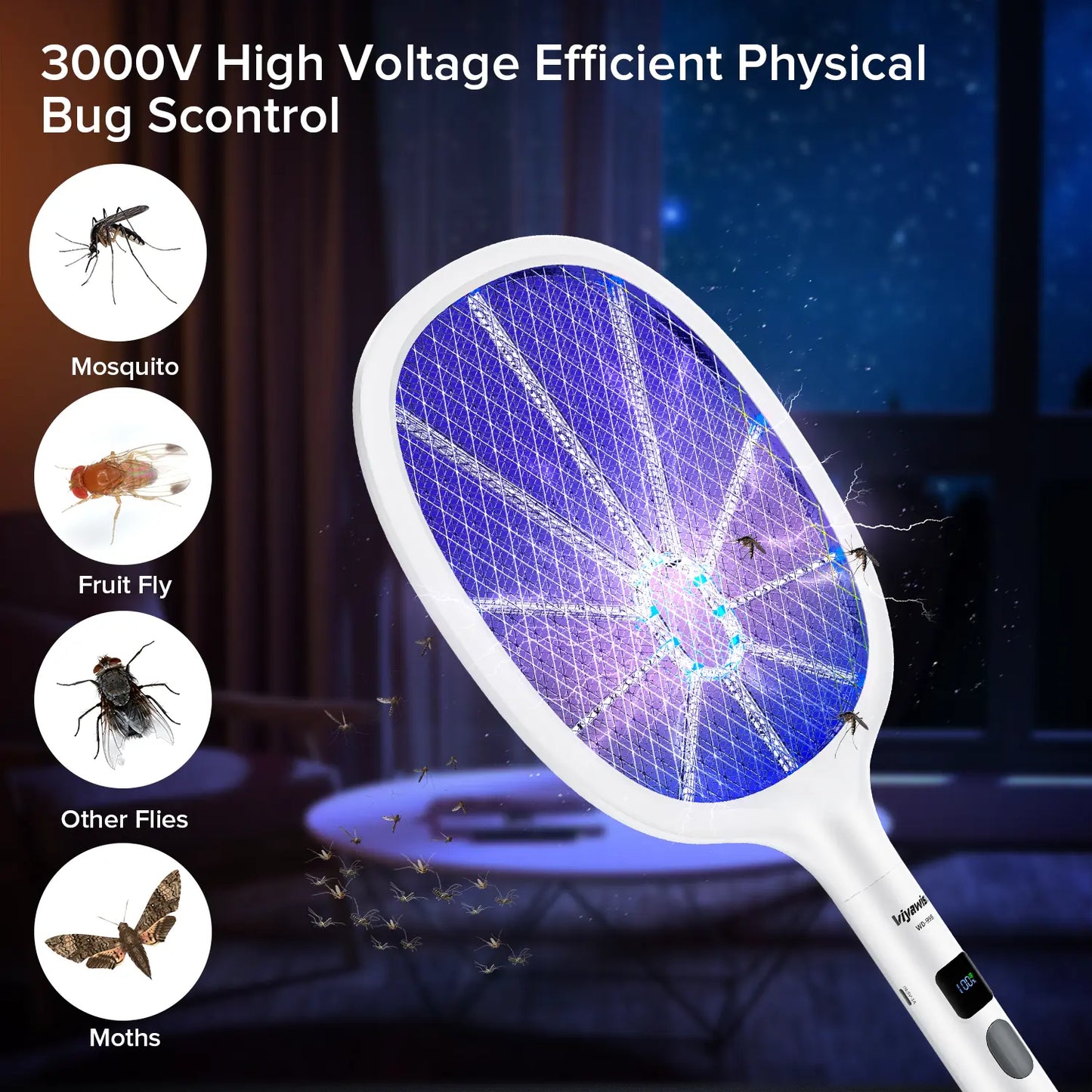 Powerful Bug Zapper Indoor & Outdoor – 10-LED Mosquito & Gnat Killer with Large Mesh, Rechargeable, LED Display & Safe Fly Swatter for Home Use