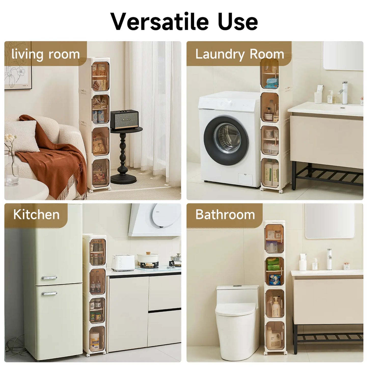 4-Layer Tall Narrow Storage Cabinet – Slim Design with Doors, Adjustable Shelves, Wheels & Stackable Foldable Build, Perfect for Bathroom, Laundry & Small Spaces