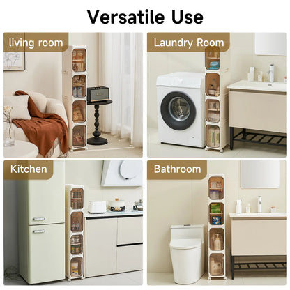 4-Layer Tall Narrow Storage Cabinet – Slim Design with Doors, Adjustable Shelves, Wheels & Stackable Foldable Build, Perfect for Bathroom, Laundry & Small Spaces