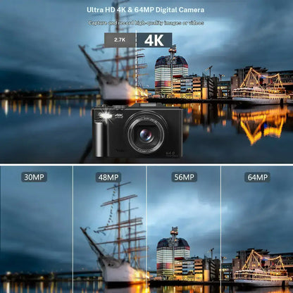 4K Digital Camera, 64MP with 3" 180° Flip Screen, 18X Zoom, 32GB SD Card & 2 Batteries – Perfect Gift