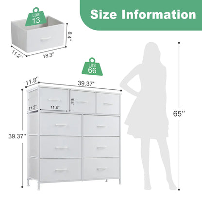 9-Drawer Fabric Storage Tower – Bedroom Dresser with Fabric Bins, Steel Frame & Wood Top for Bedroom, Closet & Home Organization
