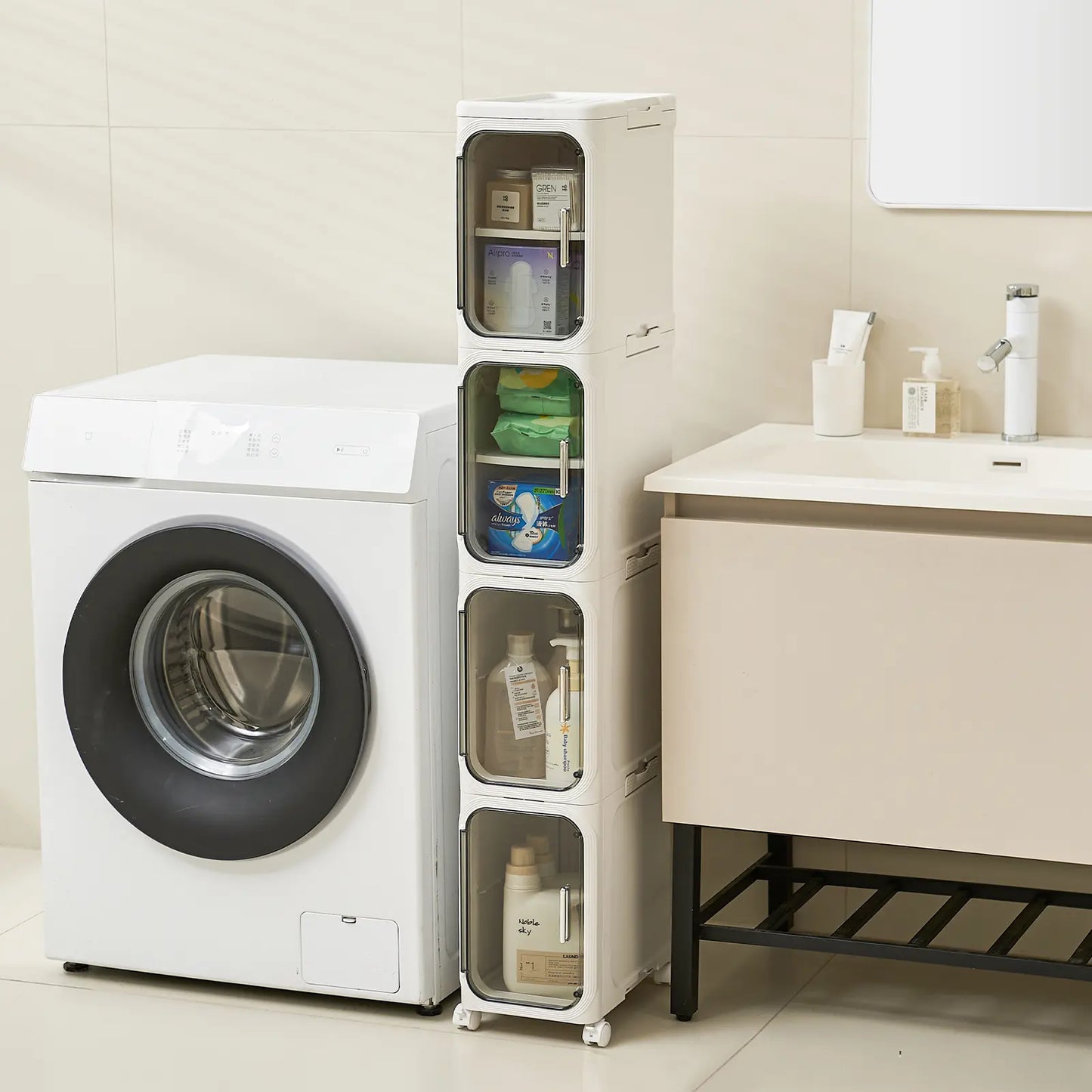 4-Layer Tall Narrow Storage Cabinet – Slim Design with Doors, Adjustable Shelves, Wheels & Stackable Foldable Build, Perfect for Bathroom, Laundry & Small Spaces