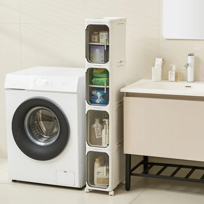 4-Layer Tall Narrow Storage Cabinet – Slim Design with Doors, Adjustable Shelves, Wheels & Stackable Foldable Build, Perfect for Bathroom, Laundry & Small Spaces
