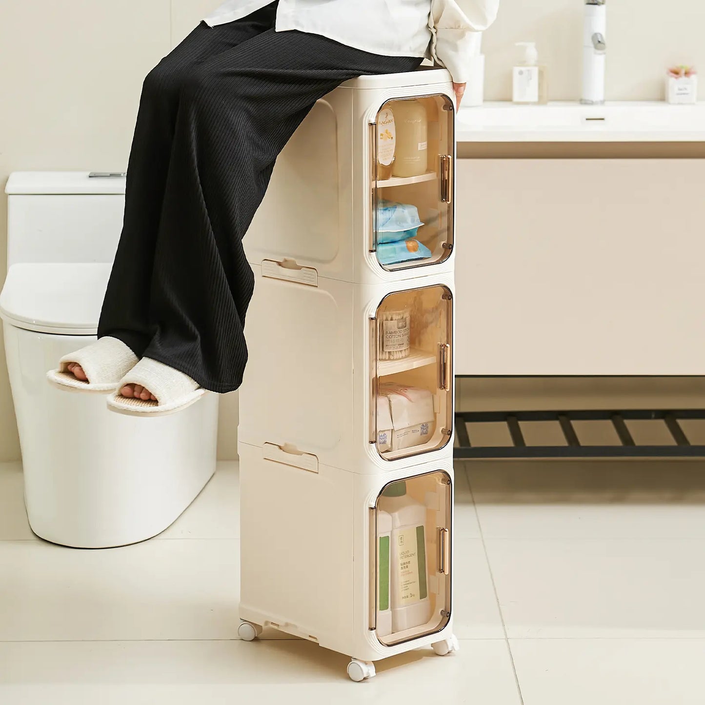 4-Layer Tall Narrow Storage Cabinet – Slim Design with Doors, Adjustable Shelves, Wheels & Stackable Foldable Build, Perfect for Bathroom, Laundry & Small Spaces