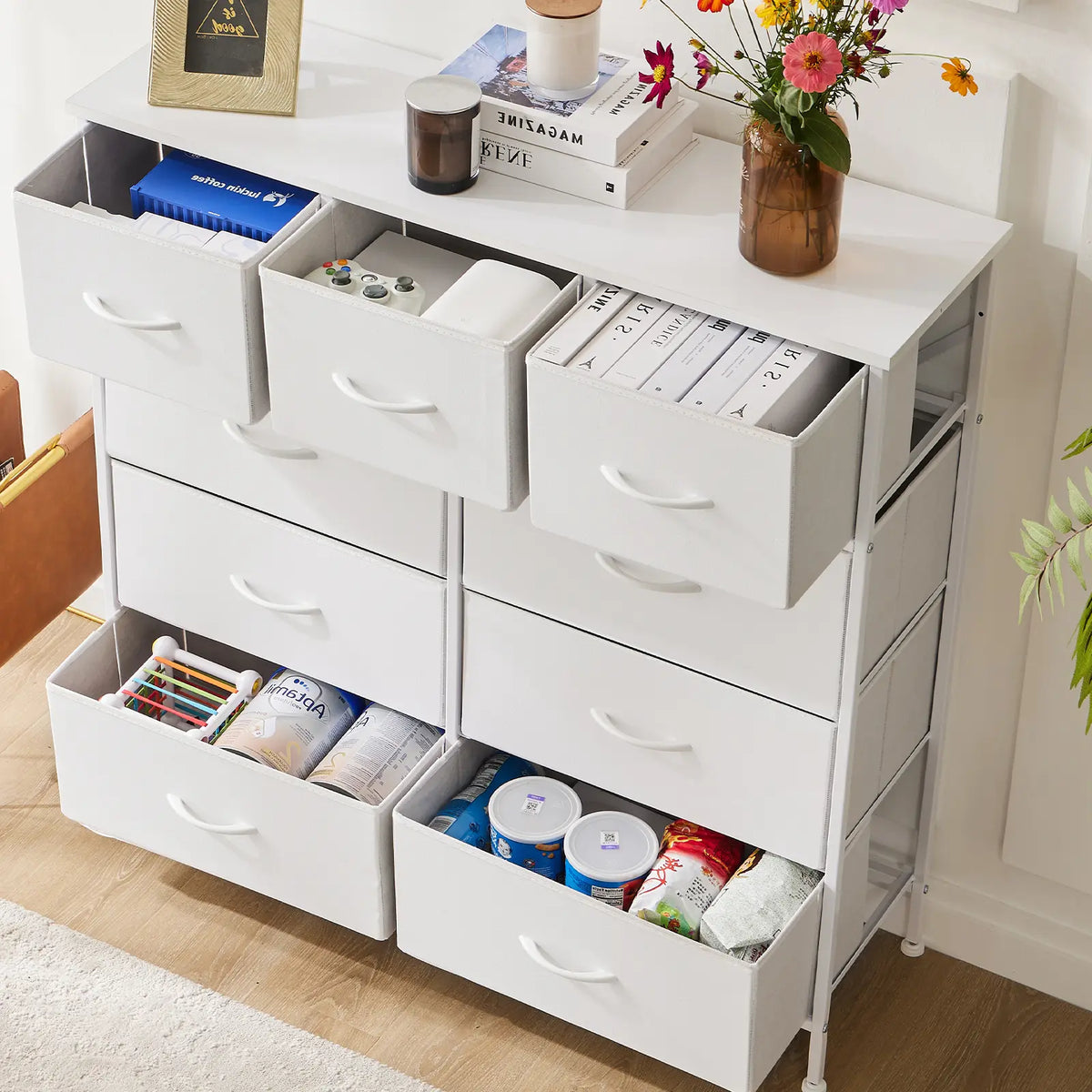 9-Drawer Fabric Storage Tower – Bedroom Dresser with Fabric Bins, Steel Frame & Wood Top for Bedroom, Closet & Home Organization