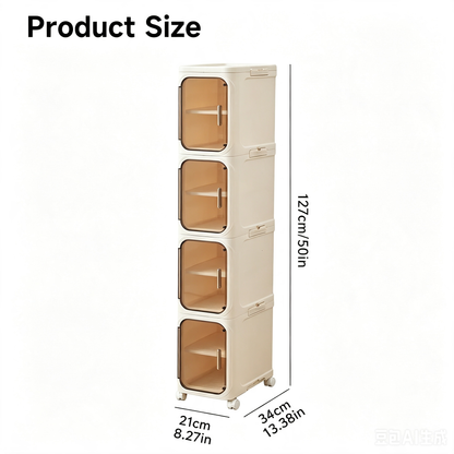 4-Layer Tall Narrow Storage Cabinet – Slim Design with Doors, Adjustable Shelves, Wheels & Stackable Foldable Build, Perfect for Bathroom, Laundry & Small Spaces
