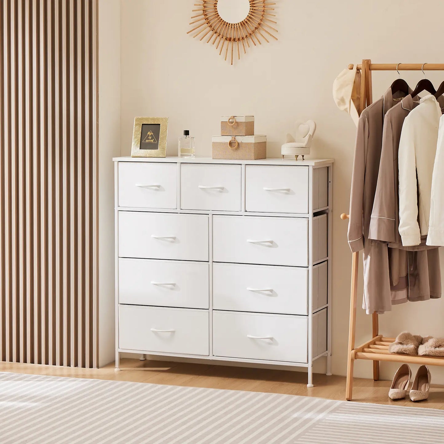 9-Drawer Fabric Storage Tower – Bedroom Dresser with Fabric Bins, Steel Frame & Wood Top for Bedroom, Closet & Home Organization