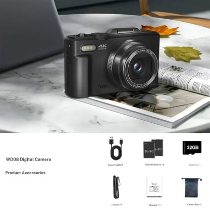 4K Digital Camera, 64MP with 3" 180° Flip Screen, 18X Zoom, 32GB SD Card & 2 Batteries – Perfect Gift