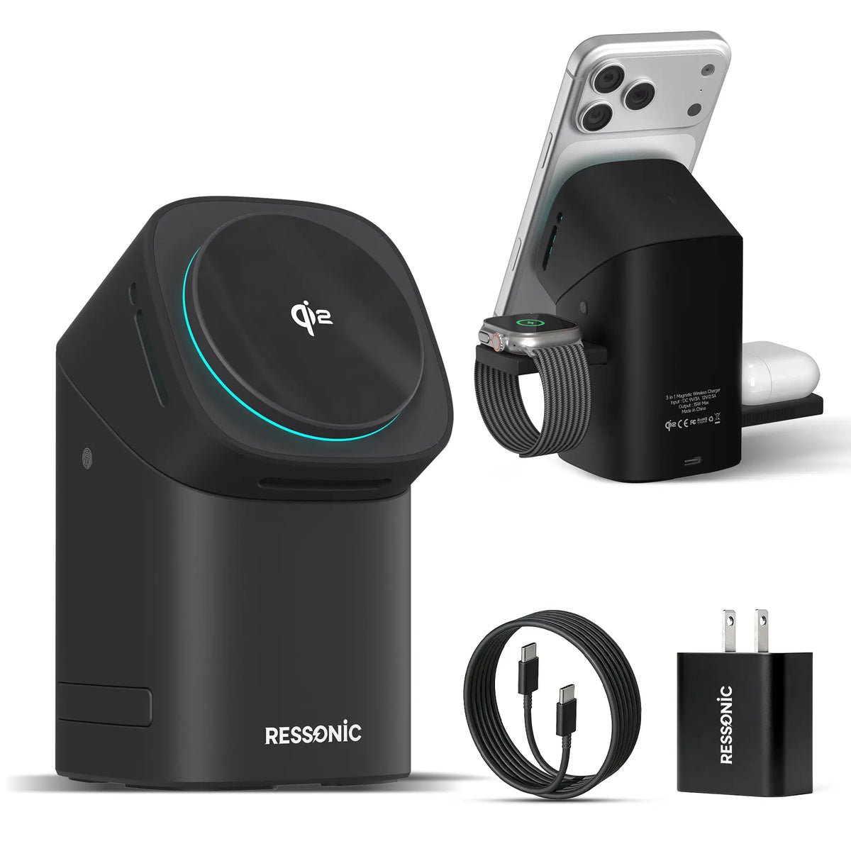 3-in-1 Wireless Charger 25W Quick Charge Hub 45W Adapter iPhone Samsung iWatch AirPods Magnetic One-Click Auto Rotation Travel-Friendly